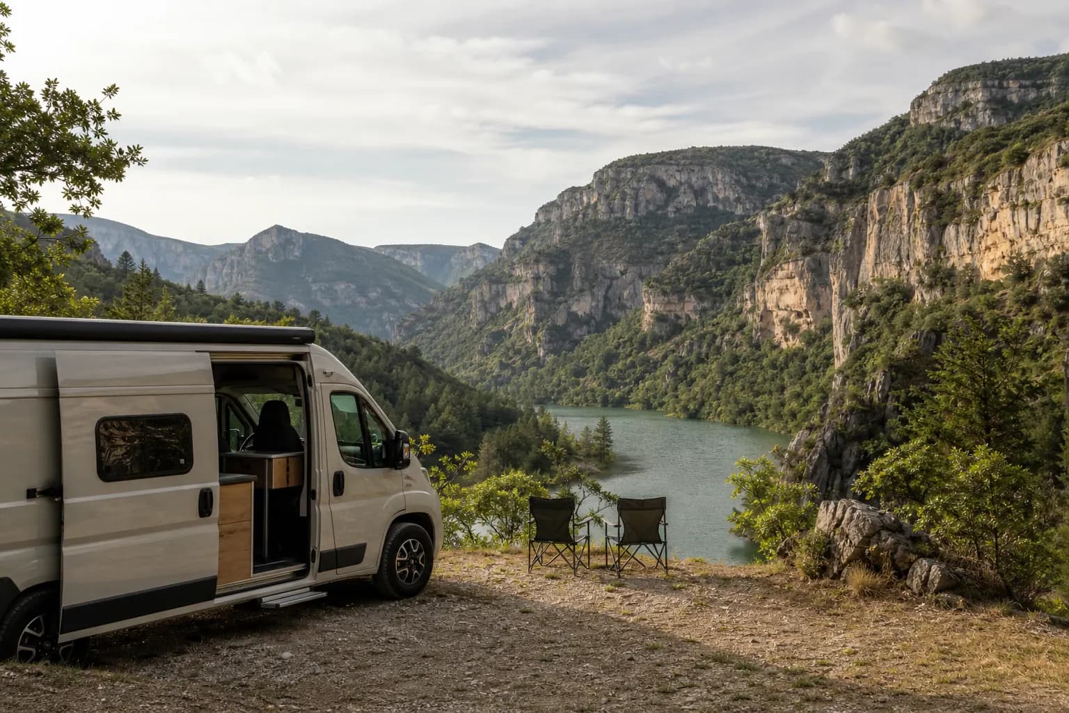 Fourgon aménagé couleur sable vu de trois-quarts arrière, porte latérale ouverte laissant voir le meuble cuisine en bois, garé sur un promontoire rocheux au-dessus d'une rivière encaissée entre deux falaises calcaires, deux chaises de camping installées face au paysage